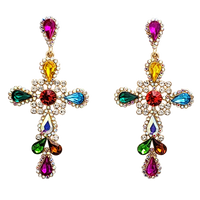 Stunning Crystal Rhinestone Embellished Statement Cross Hypoallergenic Post Back Dangle Earrings (3.25", Multicolored Rainbow Crystal Gold Tone)