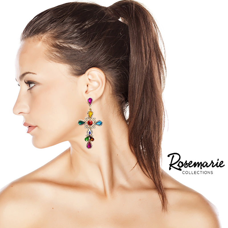 Stunning Crystal Rhinestone Embellished Statement Cross Hypoallergenic Post Back Dangle Earrings (3.25", Multicolored Rainbow Crystal Gold Tone)