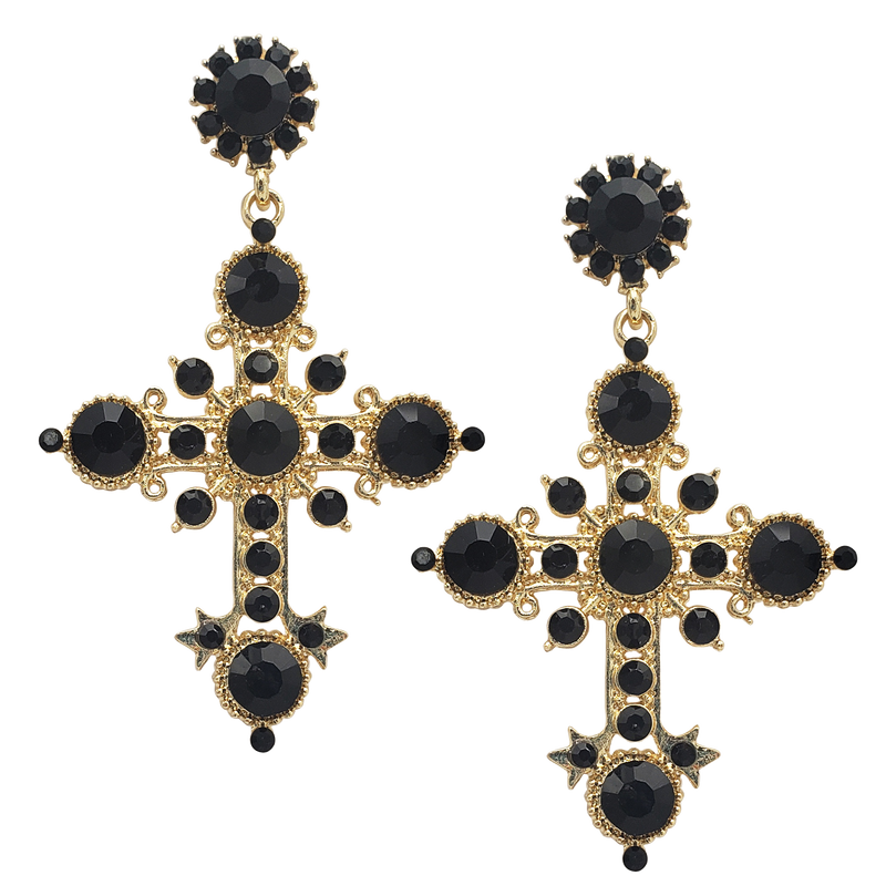 Stunning Crystal Rhinestone Embellished Statement Cross Hypoallergenic Post Back Dangle Earrings (3.12", Jet Black Crystal Gold Tone)