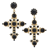 Stunning Crystal Rhinestone Embellished Statement Cross Hypoallergenic Post Back Dangle Earrings (3.12", Jet Black Crystal Gold Tone)