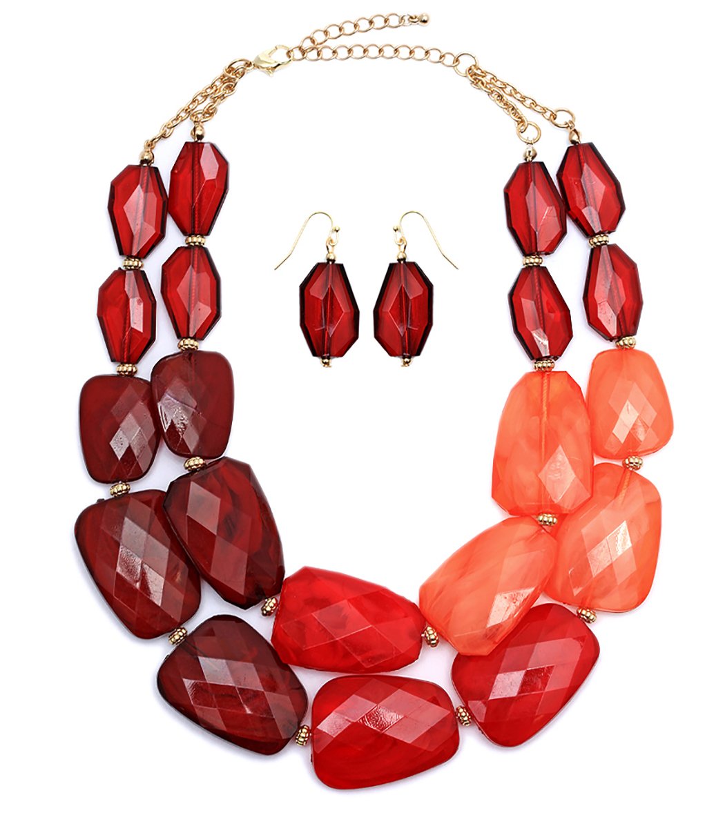 Red Ombre Statement Necklace Earring Jewelry Set