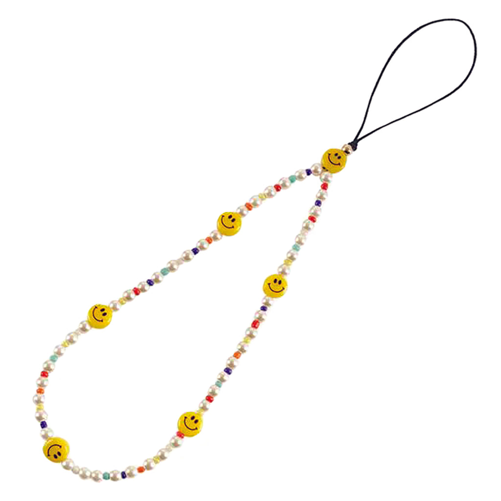 Stunning Detachable Simulated Pearl Bracelet Lanyard Strap Wristlet For Cell Phones (Yellow Smiley And Rainbow Beads 6mm White Pearls)