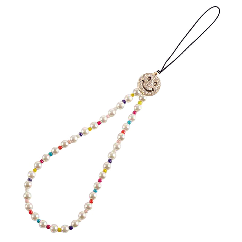 Stunning Detachable Simulated Pearl Bracelet Lanyard Strap Wristlet For Cell Phones (Gold Tone Rhinestone Smiley Face 6mm Cream Pearls Rainbow Beads)