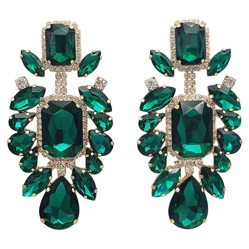 Stunning Statement Size Colorful Crystal Rhinestone Clip On Formal Event Earrings, 3.75" (Emerald Green Crystal Gold Tone)