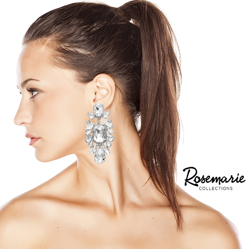 Stunning Statement Size Colorful Crystal Rhinestone Clip On Formal Event Earrings, 3.75" (Clear Crystal Silver Tone)
