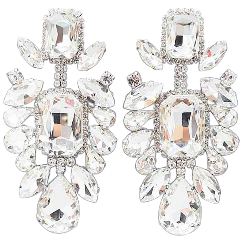 Stunning Statement Size Colorful Crystal Rhinestone Clip On Formal Event Earrings, 3.75" (Clear Crystal Silver Tone)