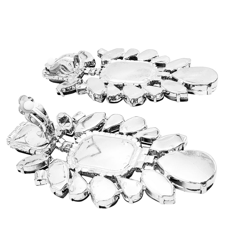 Stunning Statement Size Colorful Crystal Rhinestone Clip On Formal Event Earrings, 3.75" (Clear Crystal Silver Tone)