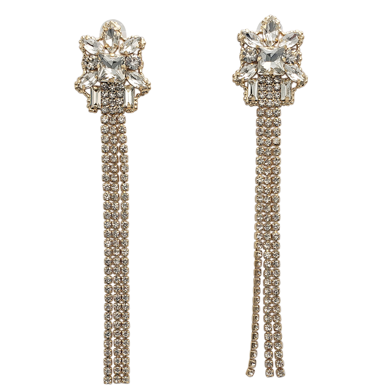 Stunning Extra Long Triple Strand Crystal Rhinestone Tassel Shoulder Duster Earrings, 5.5" (Clear Crystal Gold Tone)