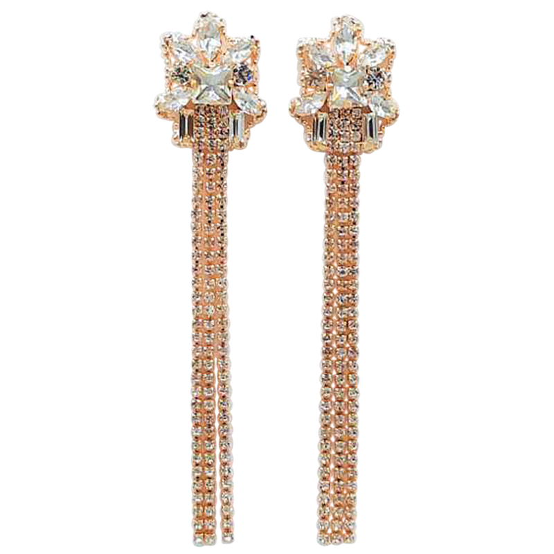 Stunning Extra Long Triple Strand Crystal Rhinestone Tassel Shoulder Duster Earrings, 5.5" (Clear Crystal Gold Tone)