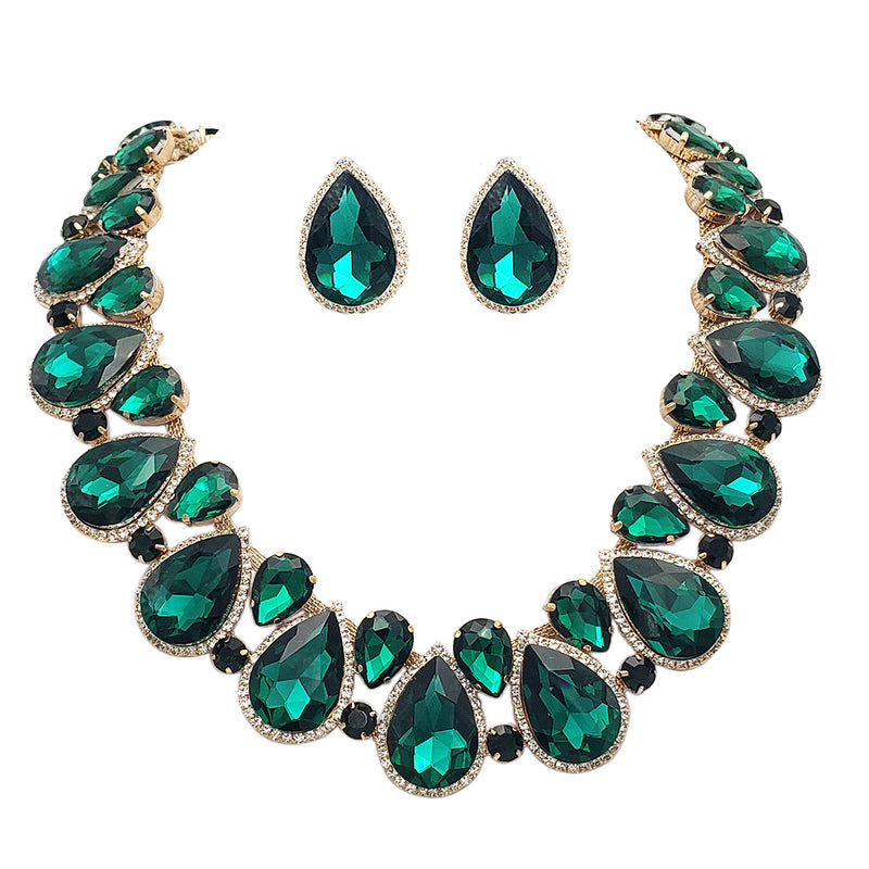 Stunning And Colorful Teardrop Halo Crystal Rhinestone Statement Necklace Earrings Bridal Gift Set, 18"+4" Extender (Emerald Green Crystal Gold Tone)