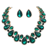 Stunning And Colorful Teardrop Halo Crystal Rhinestone Statement Necklace Earrings Bridal Gift Set, 18"+4" Extender (Emerald Green Crystal Gold Tone)