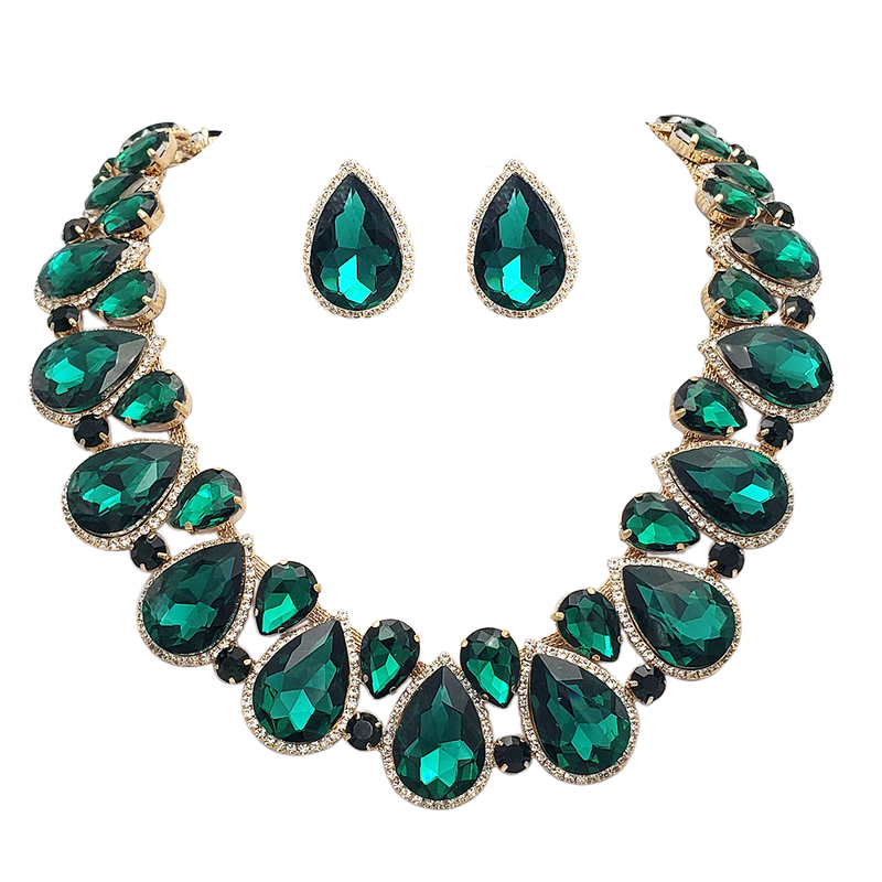 Stunning And Colorful Teardrop Halo Crystal Rhinestone Statement Necklace Earrings Bridal Gift Set, 18"+4" Extender (Emerald Green Crystal Gold Tone)