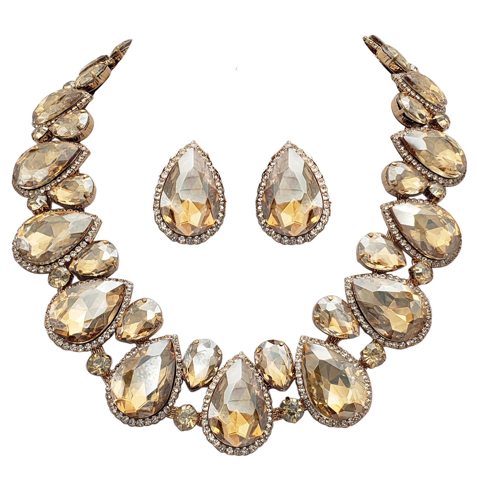 Stunning And Colorful Teardrop Halo Crystal Rhinestone Statement Necklace Earrings Bridal Gift Set, 18"+4" Extender (Light Topaz Crystal Gold Tone)