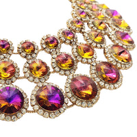 Stunning Gold Tone With Magical AB Purple Rivoli Halo Crystal Rhinestones Statement Collar Necklace Earrings Gift Set, 14"+4" Extender