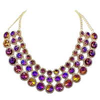 Stunning Gold Tone With Magical AB Purple Rivoli Halo Crystal Rhinestones Statement Collar Necklace Earrings Gift Set, 14"+4" Extender