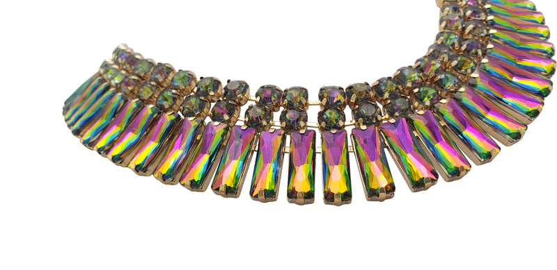 Stunning Gold Tone With Mesmerizing Rainbow Vitrail Crystal Rhinestones Statement Bib Necklace Earrings Gift Set, 15.5"+4" Extender