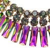 Stunning Gold Tone With Mesmerizing Rainbow Vitrail Crystal Rhinestones Statement Bib Necklace Earrings Gift Set, 15.5"+4" Extender