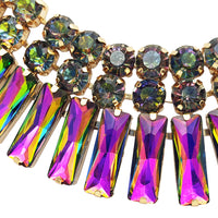 Stunning Gold Tone With Mesmerizing Rainbow Vitrail Crystal Rhinestones Statement Bib Necklace Earrings Gift Set, 15.5"+4" Extender