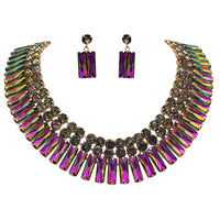 Stunning Gold Tone With Mesmerizing Rainbow Vitrail Crystal Rhinestones Statement Bib Necklace Earrings Gift Set, 15.5"+4" Extender