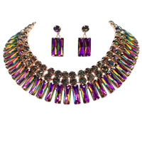 Stunning Gold Tone With Mesmerizing Rainbow Vitrail Crystal Rhinestones Statement Bib Necklace Earrings Gift Set, 15.5"+4" Extender