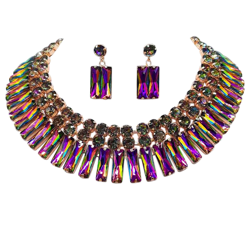 Stunning Gold Tone With Mesmerizing Rainbow Vitrail Crystal Rhinestones Statement Bib Necklace Earrings Gift Set, 15.5"+4" Extender