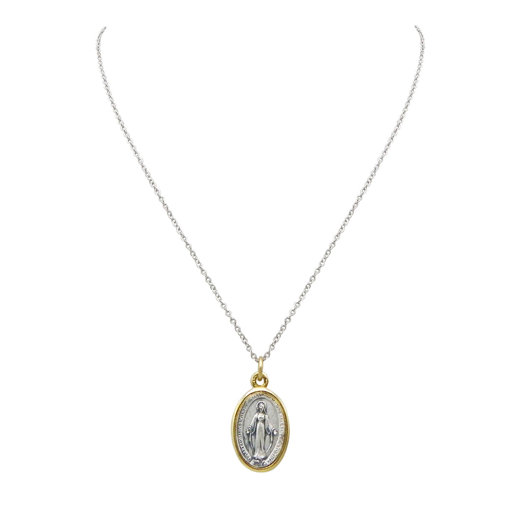 Religious Two Tone Miraculous Medal Pendant Necklace