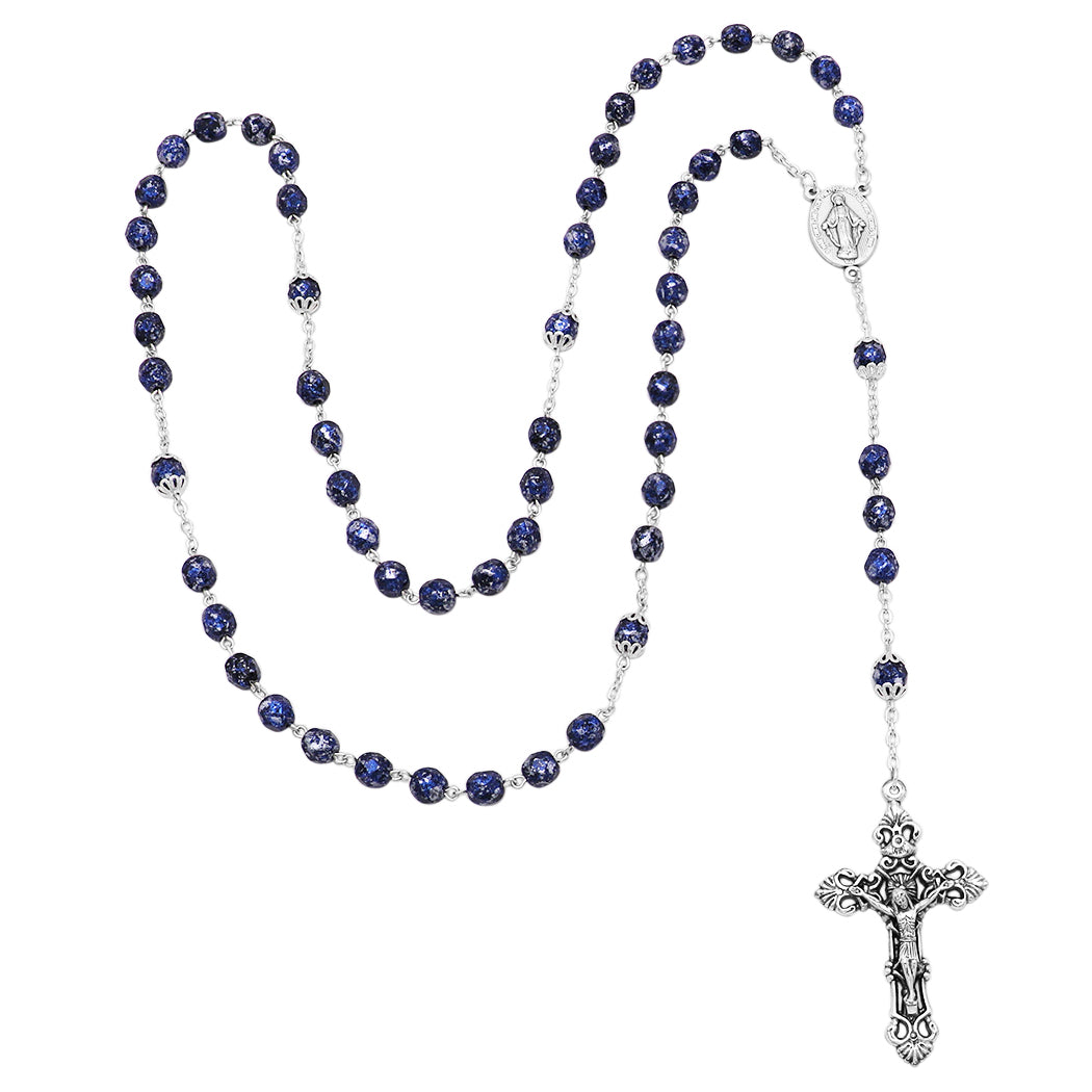 Religious Miraculous Medal Glass Bead Rosary (Cobalt Blue)
