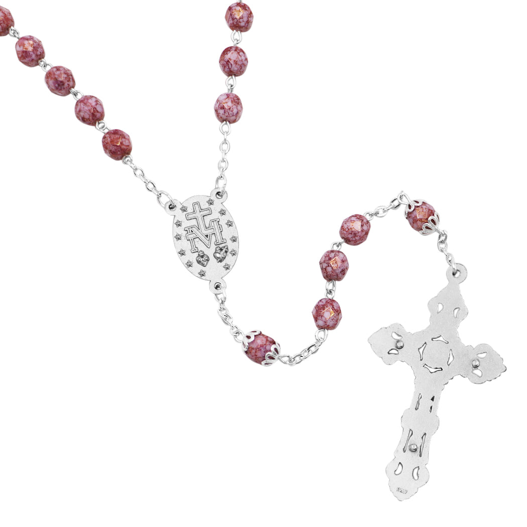 Religious Miraculous Medal Glass Bead Rosary (Rose)
