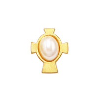 Gold Tone Cross with Simulated Pearl Tie Tack Lapel Pin for First Communion or Confirmation, 0.7"