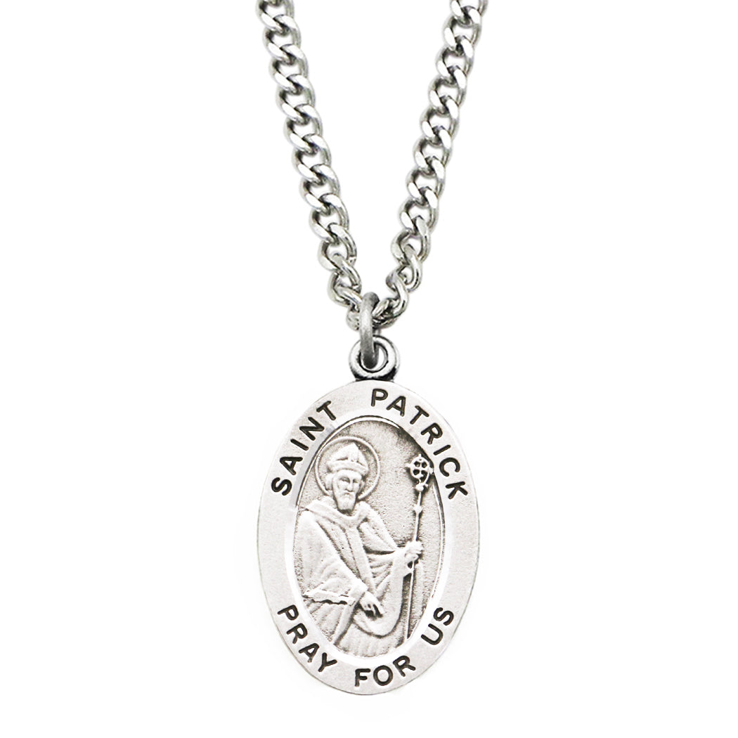 Religious necklace with St Patrick medal, the patron saint of Ireland, inscription says pray for us, St. Patrick's Day inspired accessories and jewelry, St. Paddy's Day, Rosemarie Religious Gifts, silver pendant necklace, religious saint medal neckalce