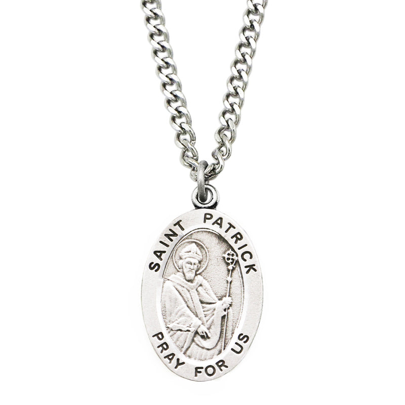 Religious necklace with St Patrick medal, the patron saint of Ireland, inscription says pray for us, St. Patrick's Day inspired accessories and jewelry, St. Paddy's Day, Rosemarie Religious Gifts, silver pendant necklace, religious saint medal neckalce