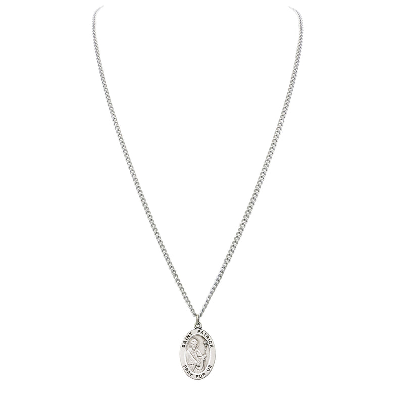 Religious necklace with St Patrick medal, the patron saint of Ireland, inscription says pray for us, St. Patrick's Day inspired accessories and jewelry, St. Paddy's Day, Rosemarie Religious Gifts, silver pendant necklace, religious saint medal neckalce