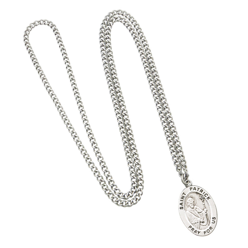 Religious necklace with St Patrick medal, the patron saint of Ireland, inscription says pray for us, St. Patrick's Day inspired accessories and jewelry, St. Paddy's Day, Rosemarie Religious Gifts, silver pendant necklace, religious saint medal neckalce