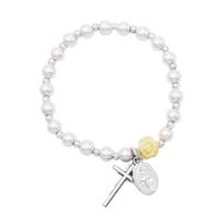 Girl's Religious First Communion Simulated Pearl Bead Stretch Bracelet with Miraculous Medal and Cross Charms