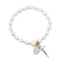 Girl's Religious First Communion Simulated Pearl Bead Stretch Bracelet with Miraculous Medal and Cross Charms