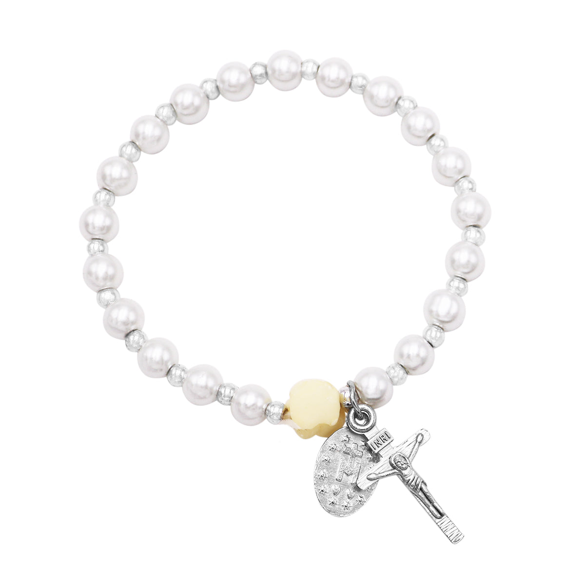 Girl's Religious First Communion Simulated Pearl Bead Stretch Bracelet with Miraculous Medal and Cross Charms