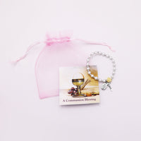 Girl's Religious First Communion Simulated Pearl Bead Stretch Bracelet with Miraculous Medal and Cross Charms