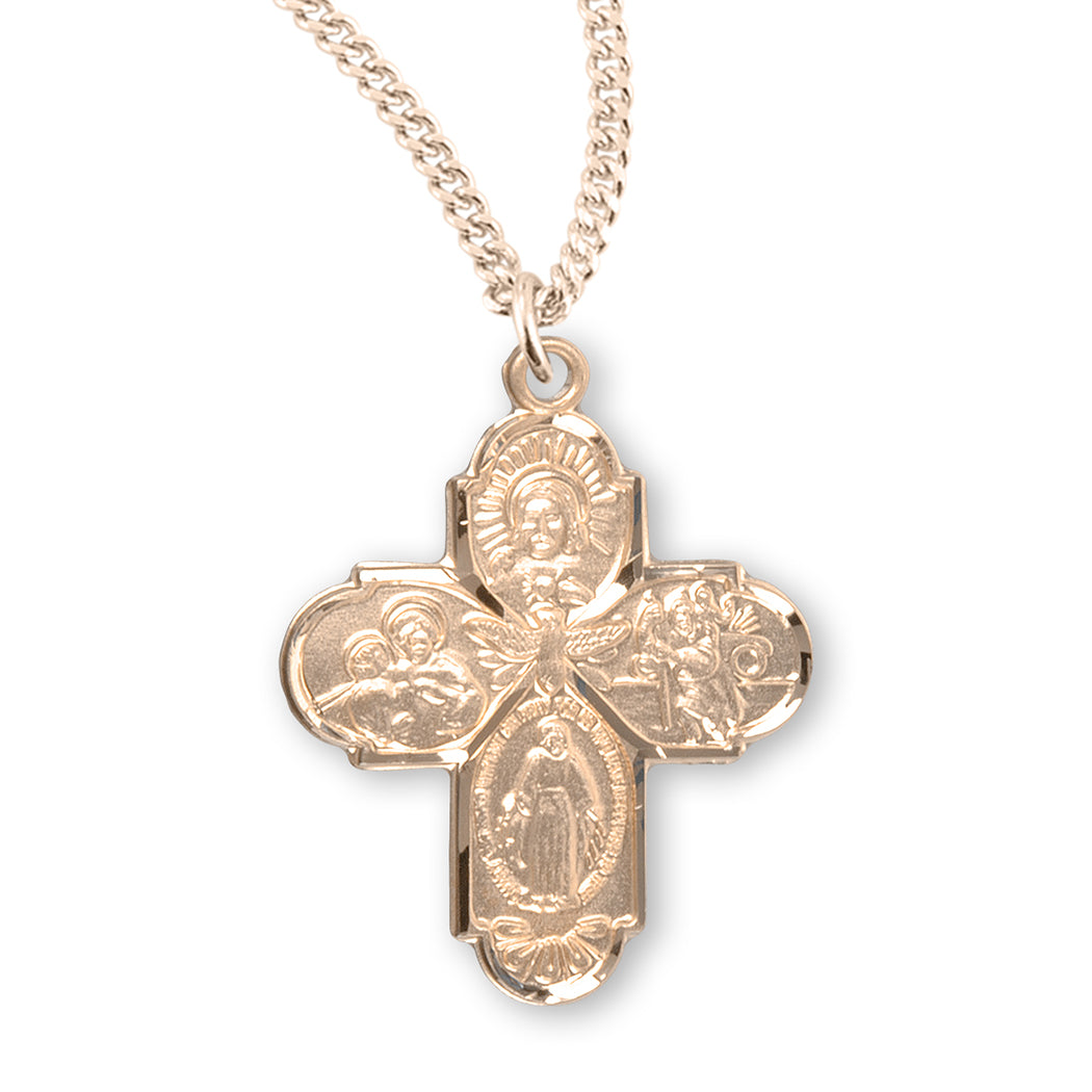 Rosemarie's Religious Gifts 16K Yellow Gold Layered Small Four Way Cross with Holy Spirit Pendant Necklace, 18"