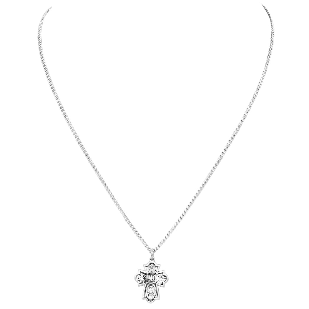 Rosemarie's Religious Gifts Sterling Silver Small Four Way Cross Medal Pendant Necklace, 18"