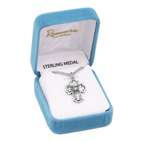 Rosemarie's Religious Gifts Sterling Silver Small Four Way Cross Medal Pendant Necklace, 18"