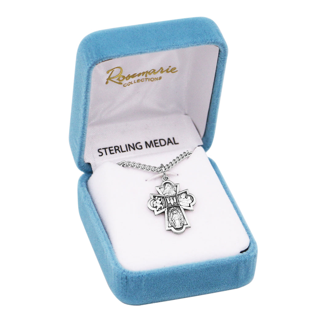 Rosemarie's Religious Gifts Sterling Silver Small Four Way Cross Medal Pendant Necklace, 18"