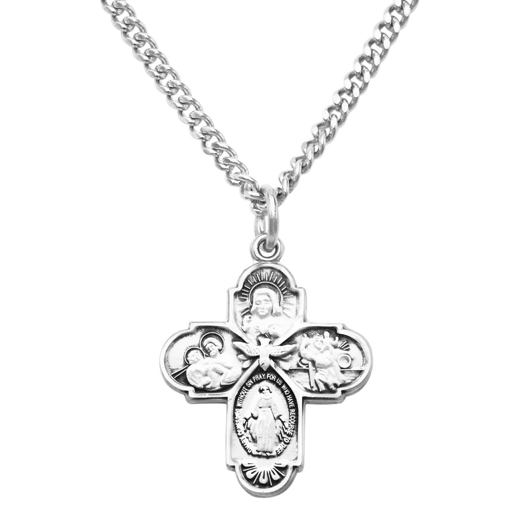 Rosemarie's Religious Gifts Sterling Silver Small Four Way Cross with Holy Spirit Pendant Necklace, 18"