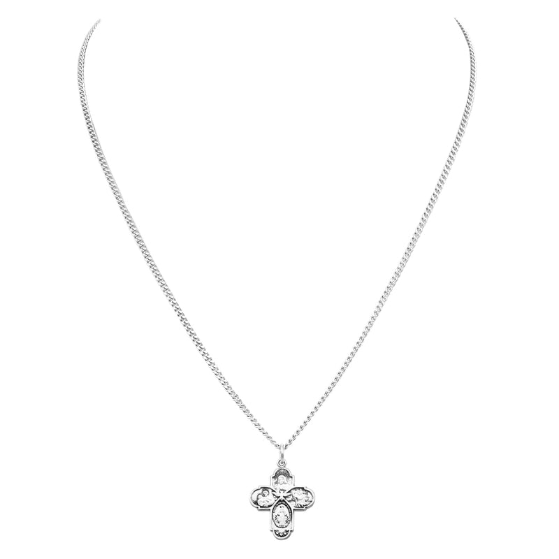 Rosemarie's Religious Gifts Sterling Silver Small Four Way Cross with Holy Spirit Pendant Necklace, 18"