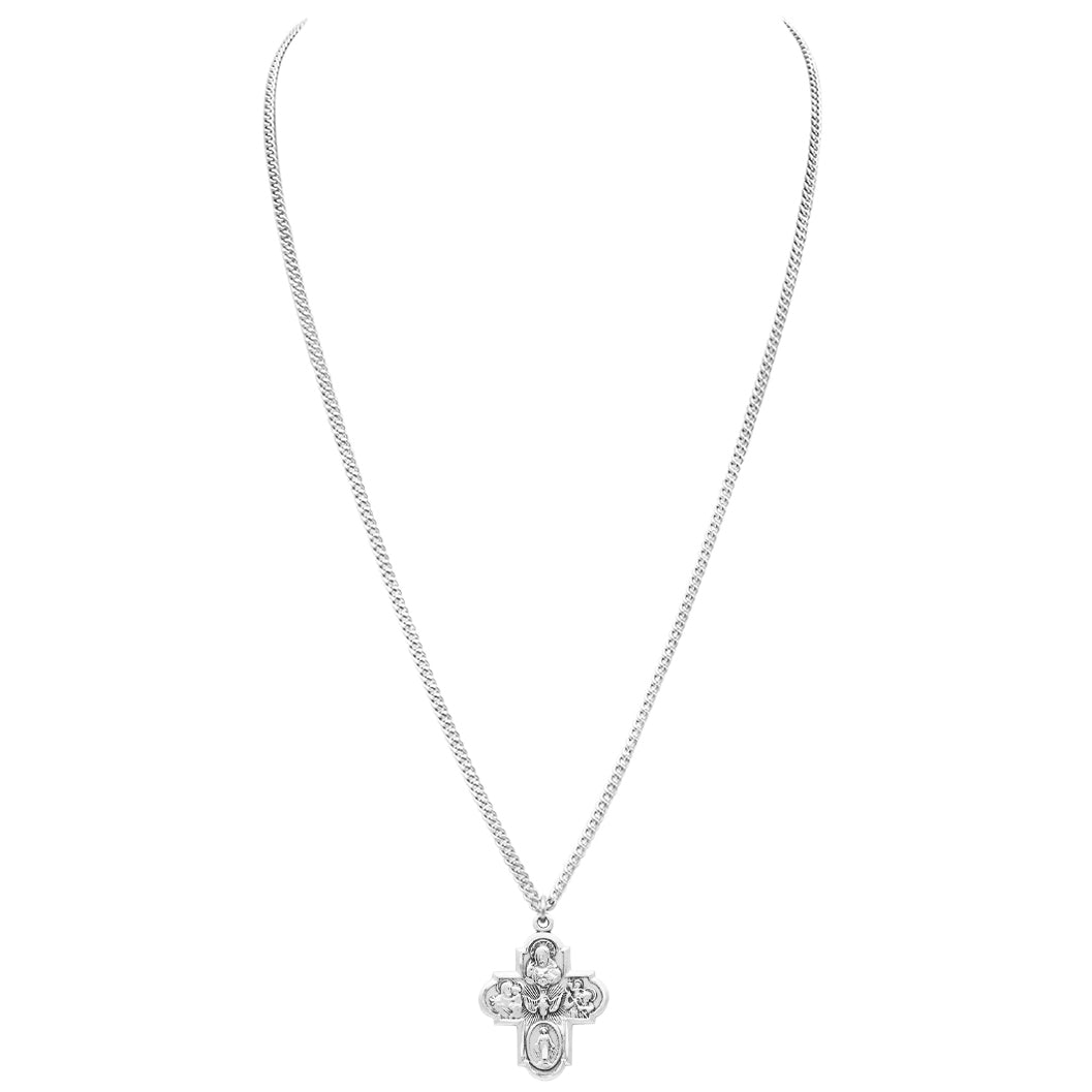 Rosemarie's Religious Gifts Sterling Silver Traditional Catholic Four Way Cross Medal Pendant Necklace, 24"