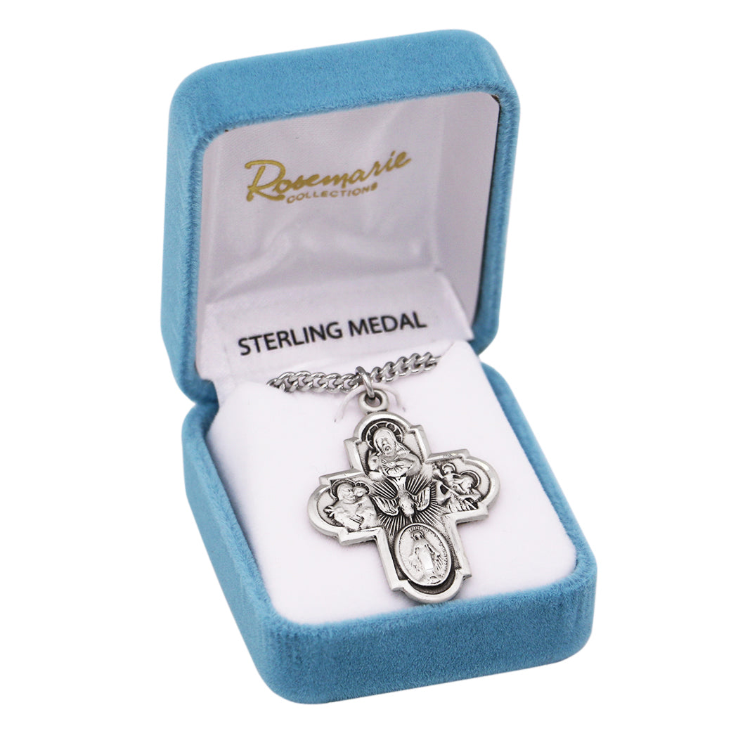 Rosemarie's Religious Gifts Sterling Silver Traditional Catholic Four Way Cross Medal Pendant Necklace, 24"