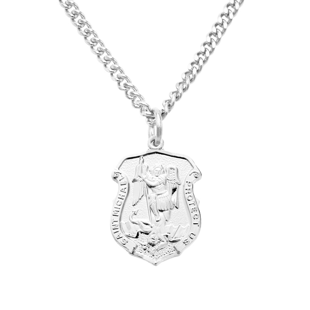 Sterling Silver Saint Michael Police Badge Pendant Necklace, 20"
