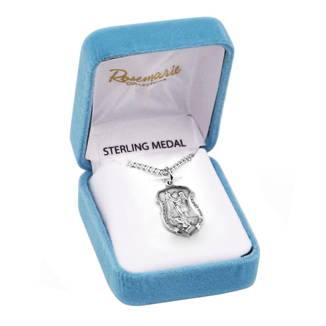 Sterling Silver Saint Michael Police Badge Pendant Necklace, 20"