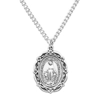 Rosemarie's Religious Gifts Women's Sterling Silver Large Flower Edged Miraculous Medal Pendant Necklace, 24"