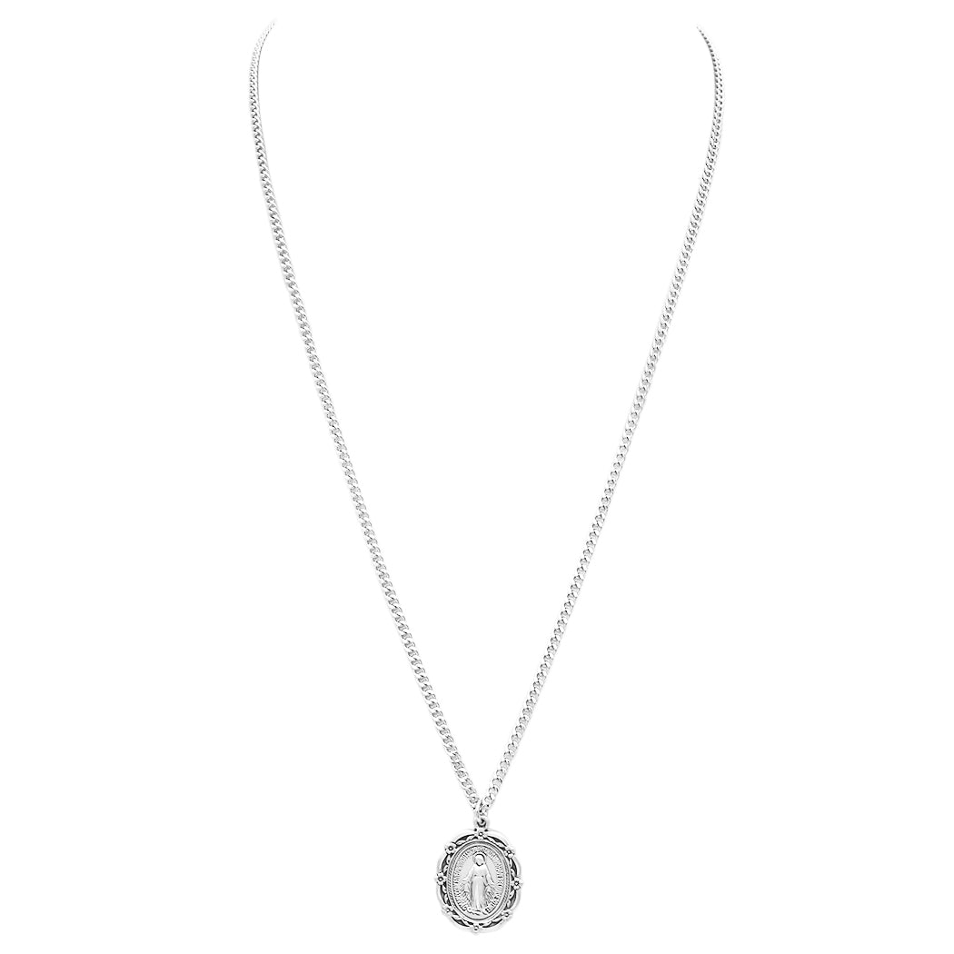 Rosemarie's Religious Gifts Women's Sterling Silver Large Flower Edged Miraculous Medal Pendant Necklace, 24"