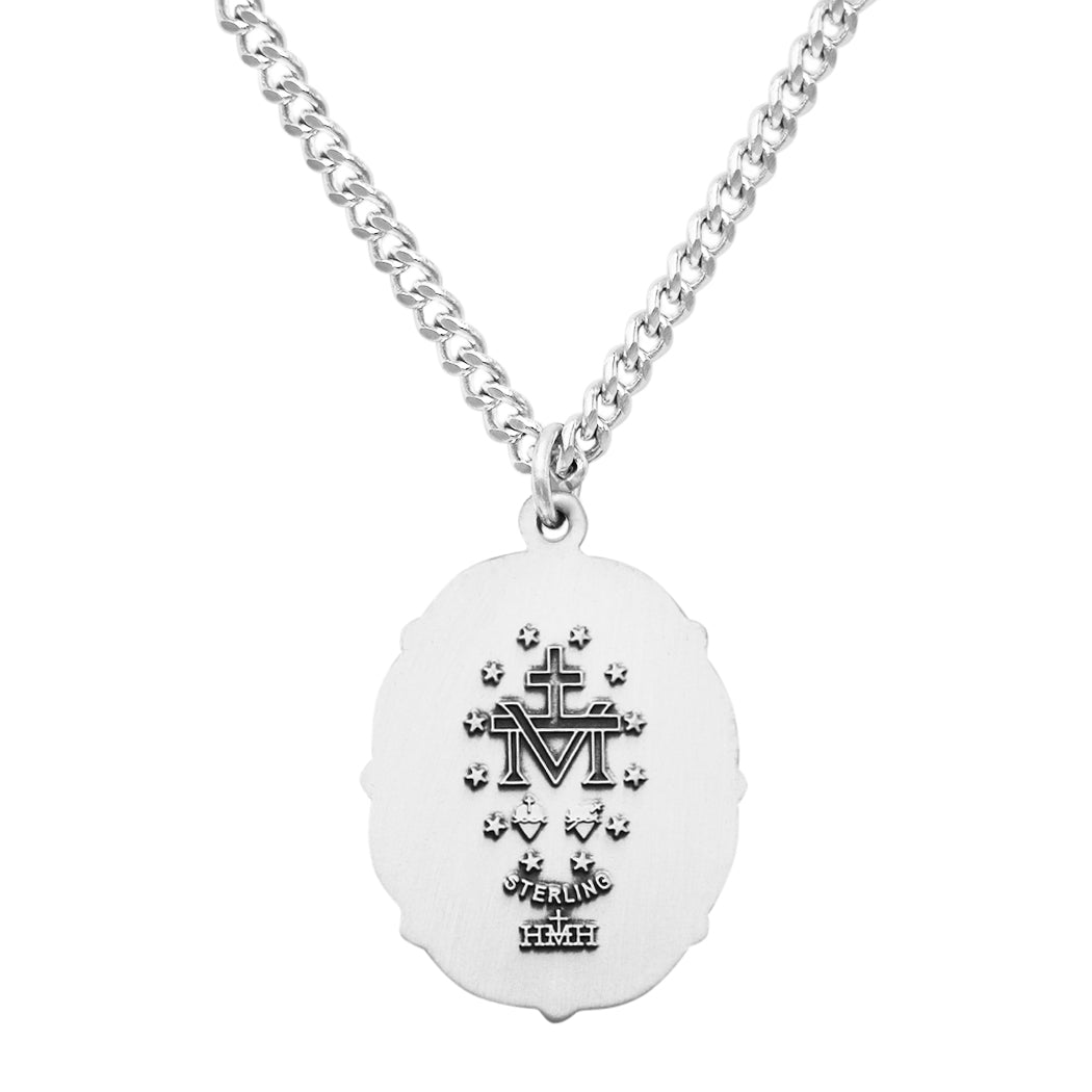 Rosemarie's Religious Gifts Women's Sterling Silver Large Flower Edged Miraculous Medal Pendant Necklace, 24"